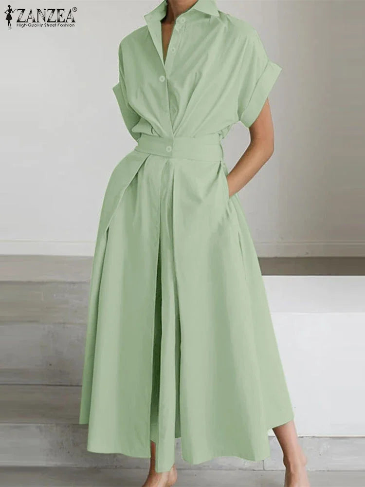 Elegant Summer Polyester Shirt Dress With High Waist Midi