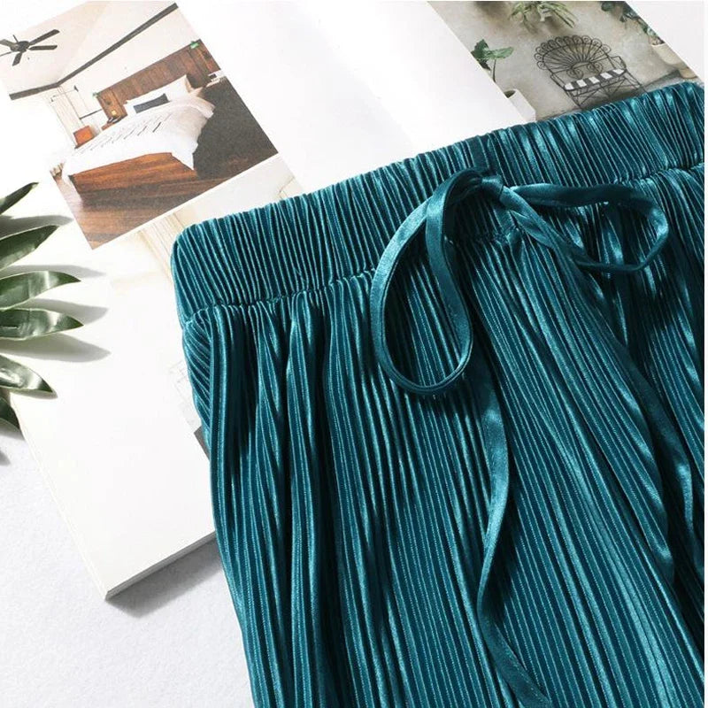Women Wide Leg Pleated Ice Silk Pants Elastic Waist
