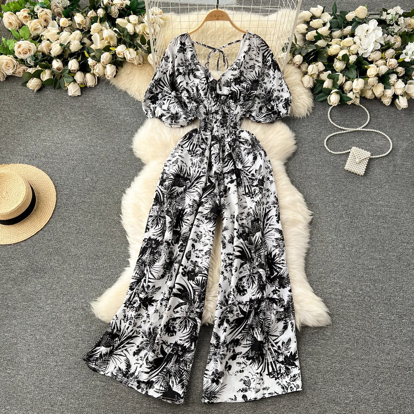 V Neck Dolman Sleeve Floral Print Jumpsuit For Women