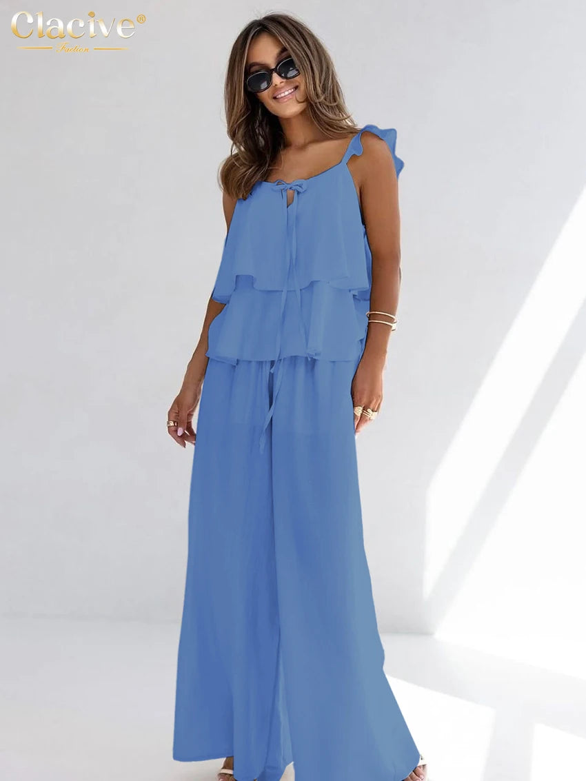 Clacive White Cotton Sleeveless Two Piece Set High Waist