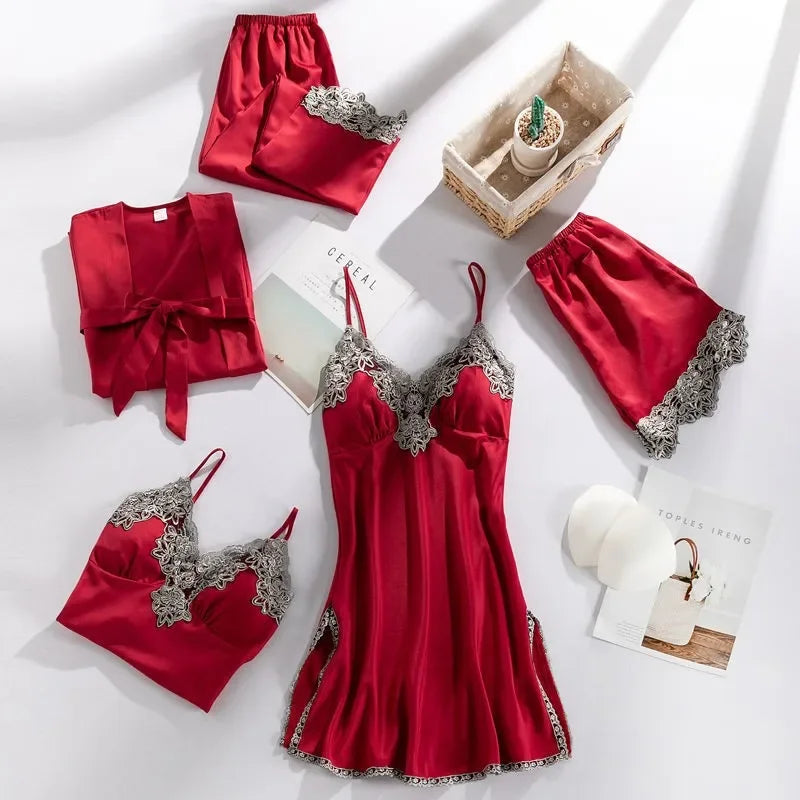 Five Piece Lace Satin Pajamas Set With V Neck For Women