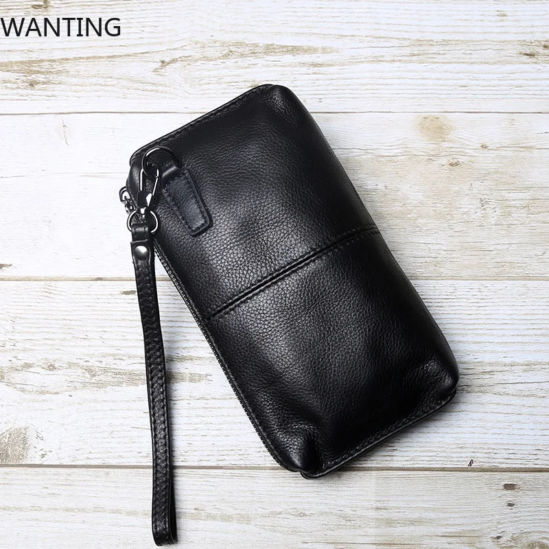 Mens Leather Handbag Retro Wallet With Zippered Capacity