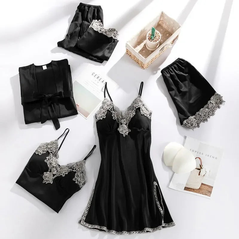 Five Piece Lace Satin Pajamas Set With V Neck For Women