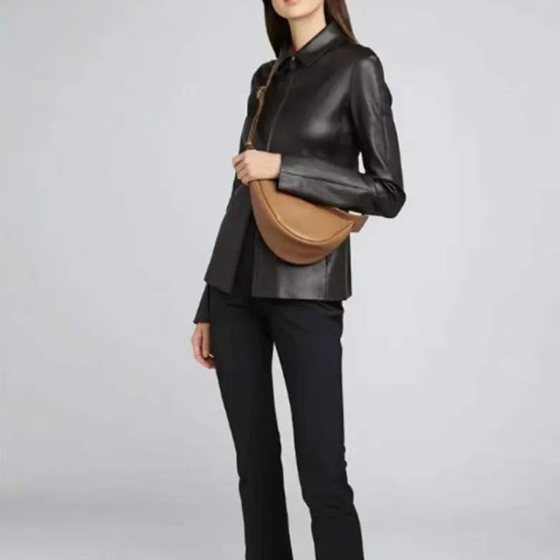 New Ladies Real Leather Handbag Calfskin Pebbled Half Moon