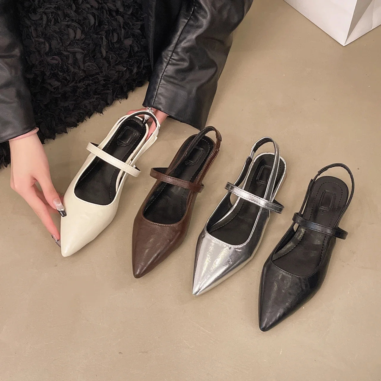 Women Patent Leather One Line Buckle Strap Cat Heel Sandals