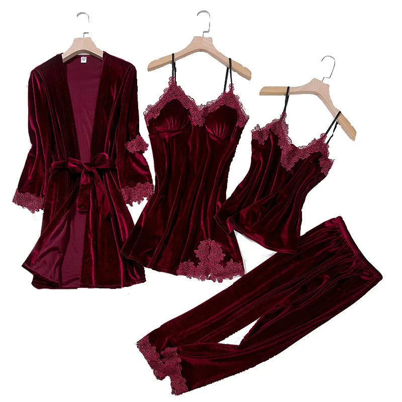 Velour Home Pajama Set For Women 4pcs Lace Velvet Sleepwear