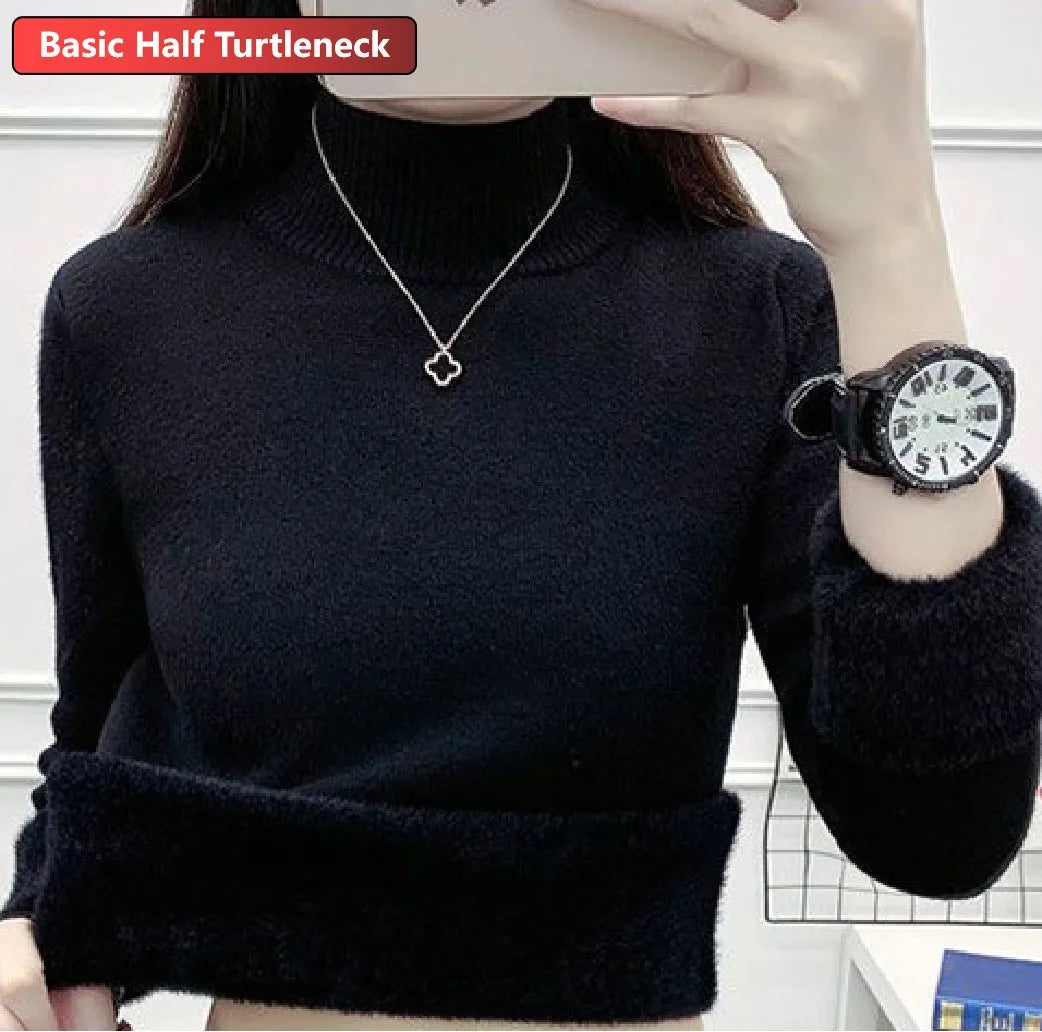Women Turtleneck Velvet Lined Knit Sweater Thick Warm