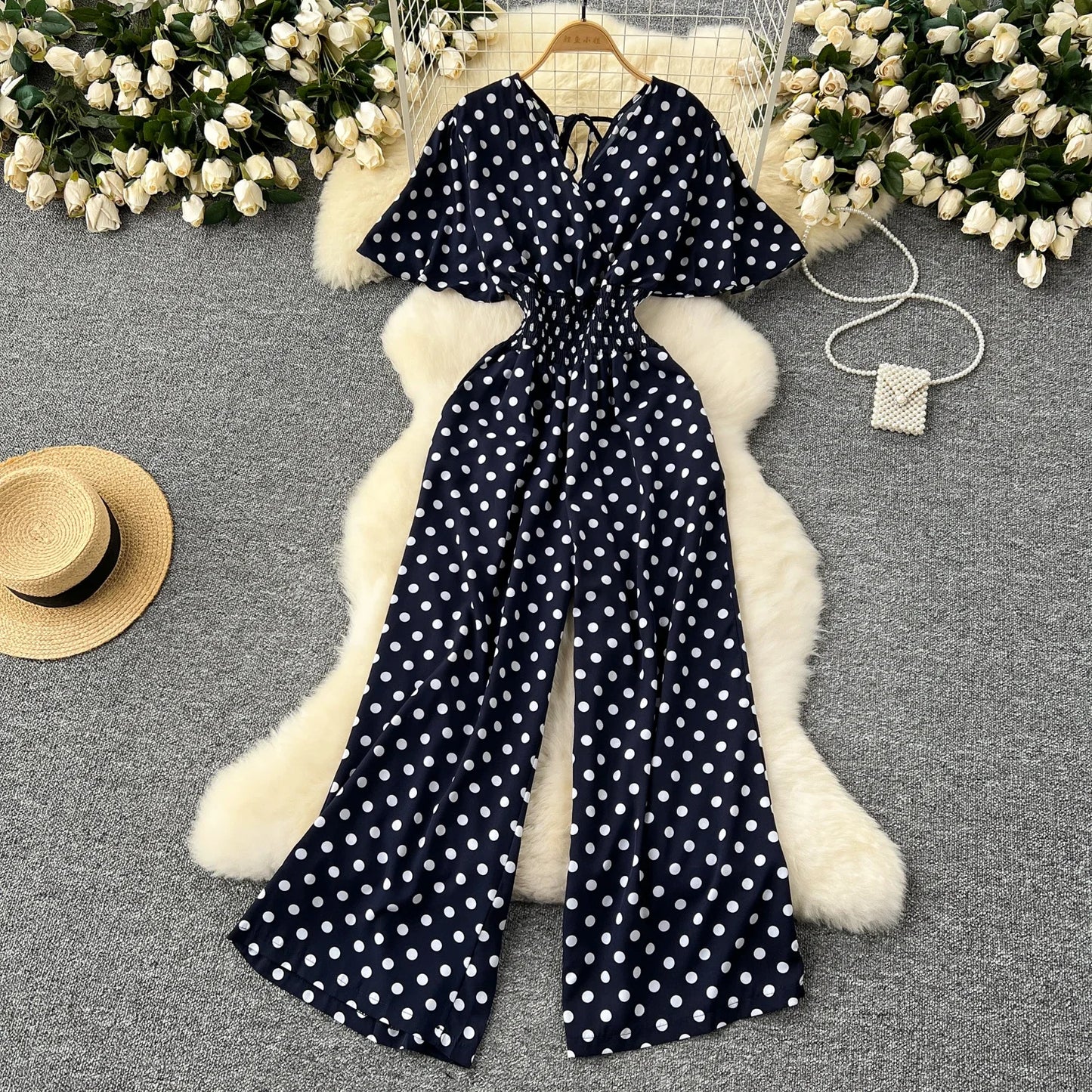 Polka Dot Women Romper V Neck High Waist Wide Leg Jumpsuit