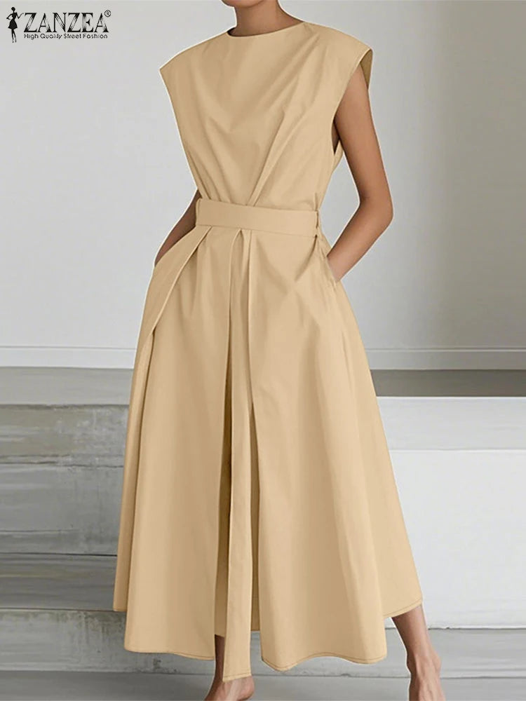 Women High Waist Midi Shirt Dress in Polyester Short Sleeve