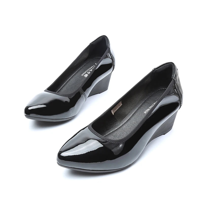 Pointed Toe Patent Leather Heels For Women Wedge Slip On