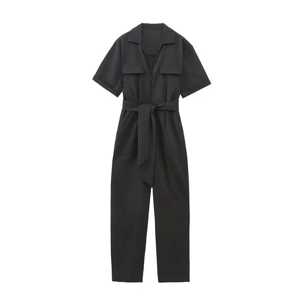 Womens Belted Front Zip Jumpsuit Short Sleeve Pockets