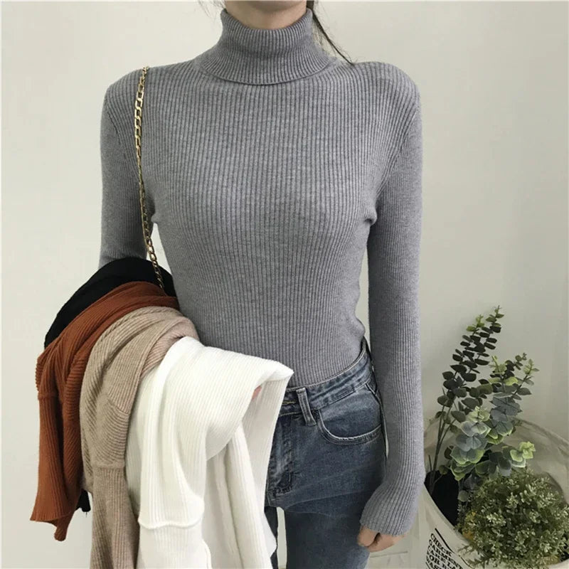 2024 Autumn Thick Knit Sweater For Women Ribbed Turtleneck