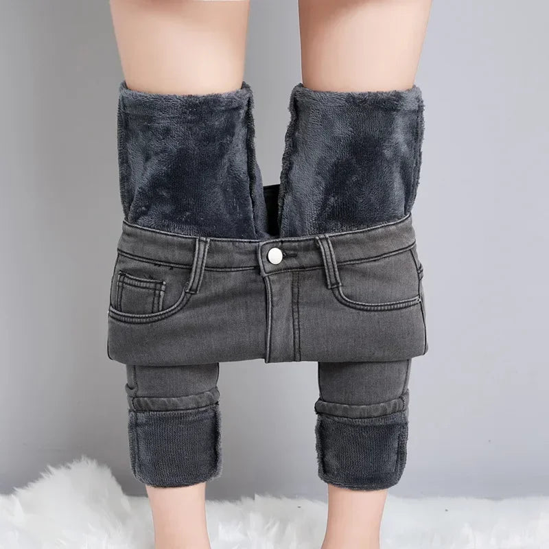 Women Thermal Skinny Jeans Winter Warm Fleece Denim Pants