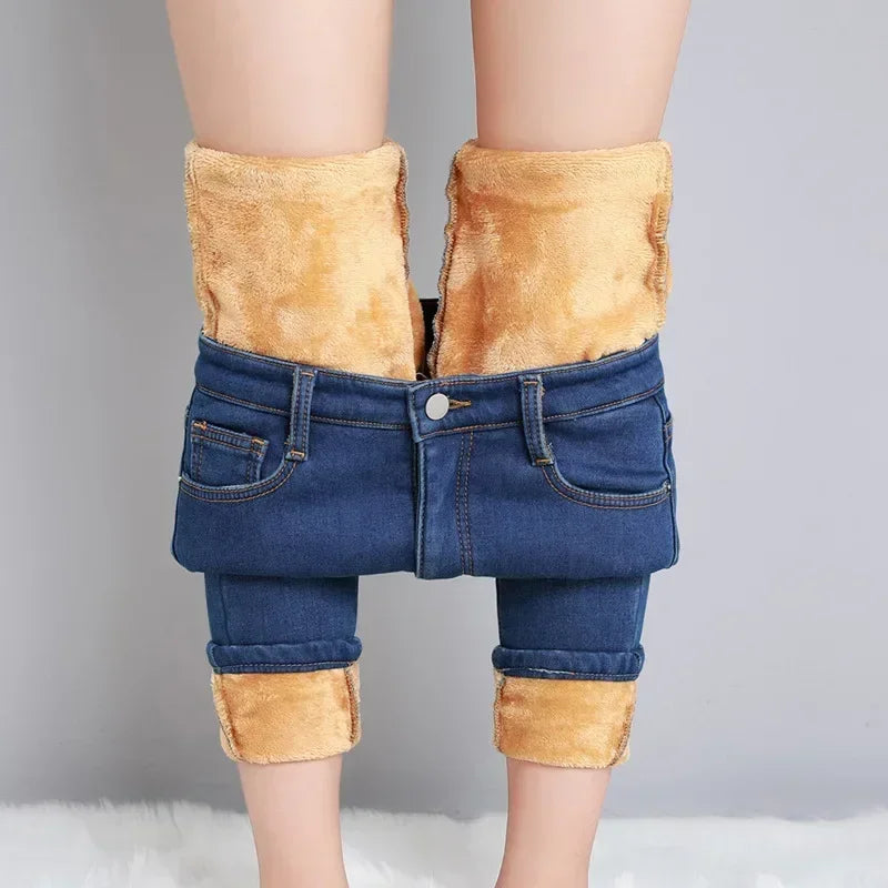 Women Thermal Skinny Jeans Winter Warm Fleece Denim Pants