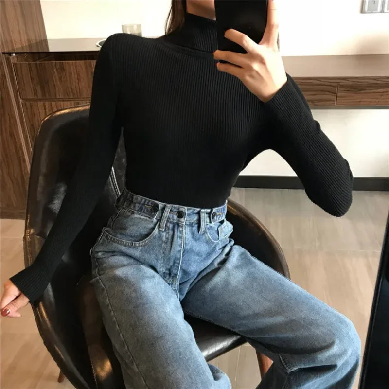 2024 Autumn Thick Knit Sweater For Women Ribbed Turtleneck