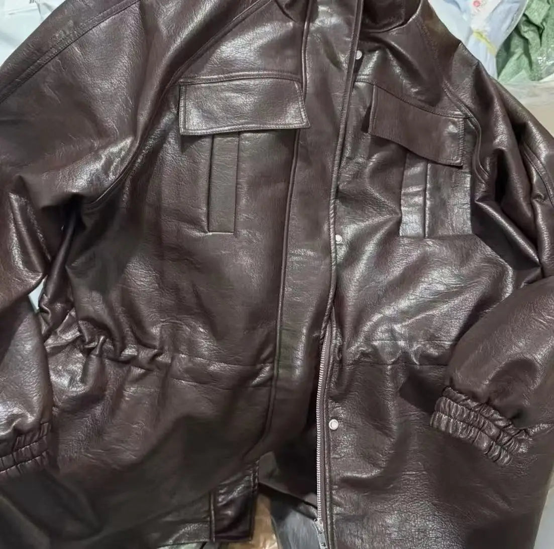 Women PU Leather Jacket With Elastic Waist Outerwear