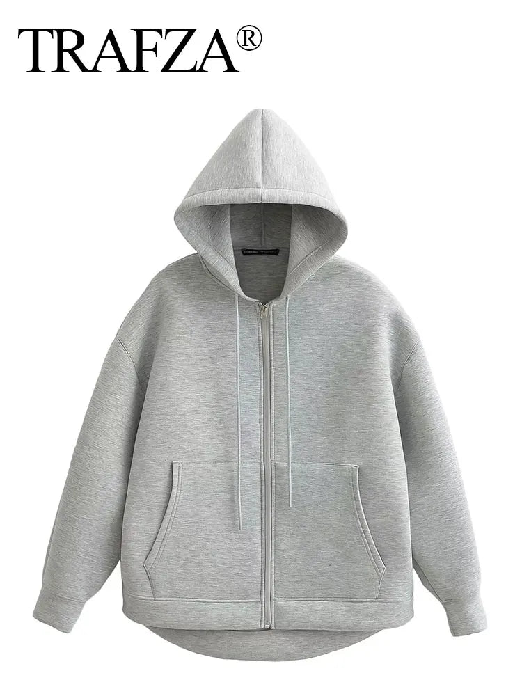 Trafza Autumn Gray Hooded Jacket For Women With Big Pockets