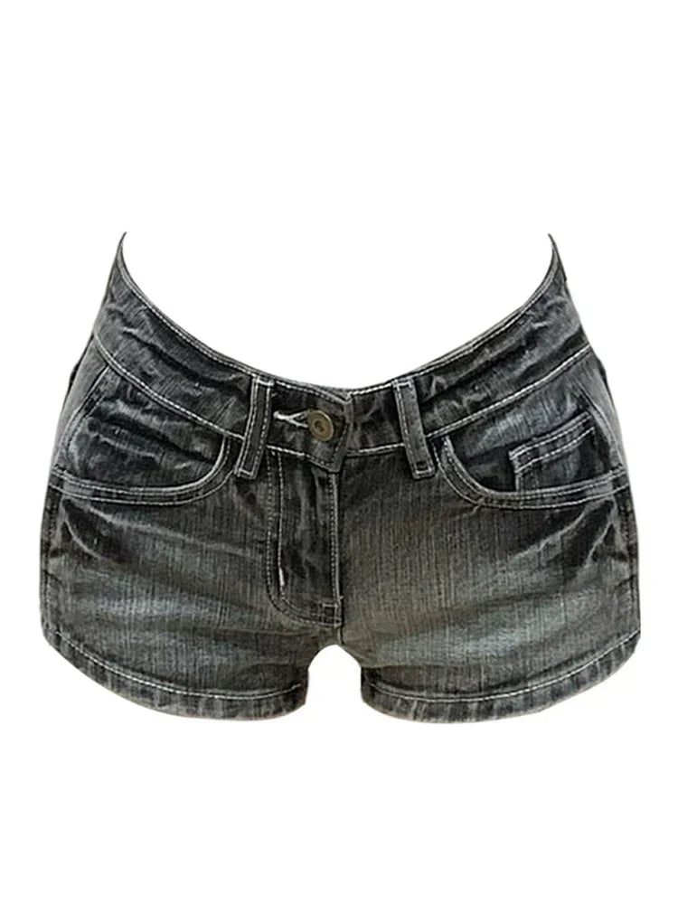 Women Y2K Summer Denim Mini Shorts Low Rise Button Vintage