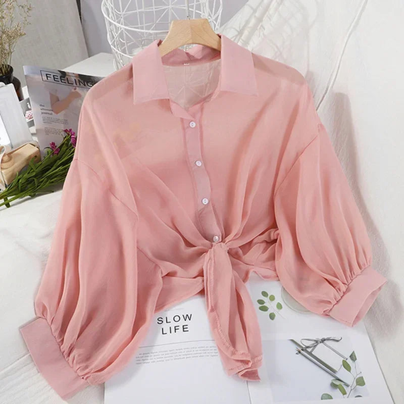 Casual White Chiffon Blouse Tie Waist Bat Sleeve Shirt