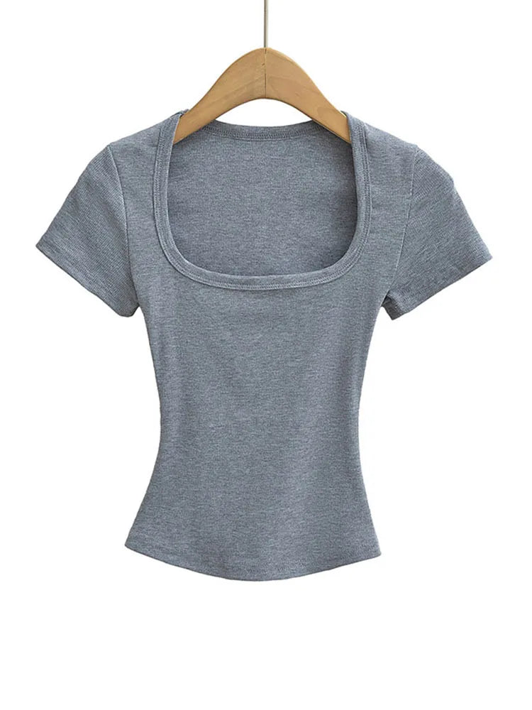 Summer Square Neck High Elasticity Crop Top Women Slim Fit