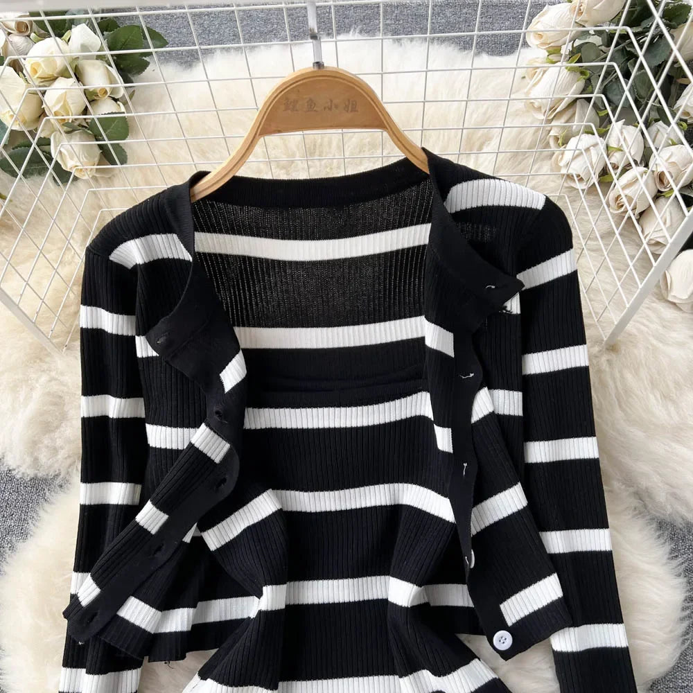 Korean Patchwork Striped Spaghetti Strap Dress Cardigan Set