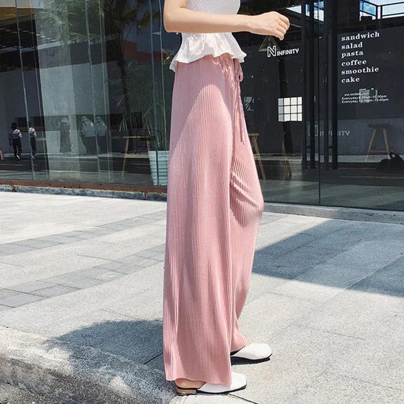 Women Wide Leg Pleated Ice Silk Pants Elastic Waist