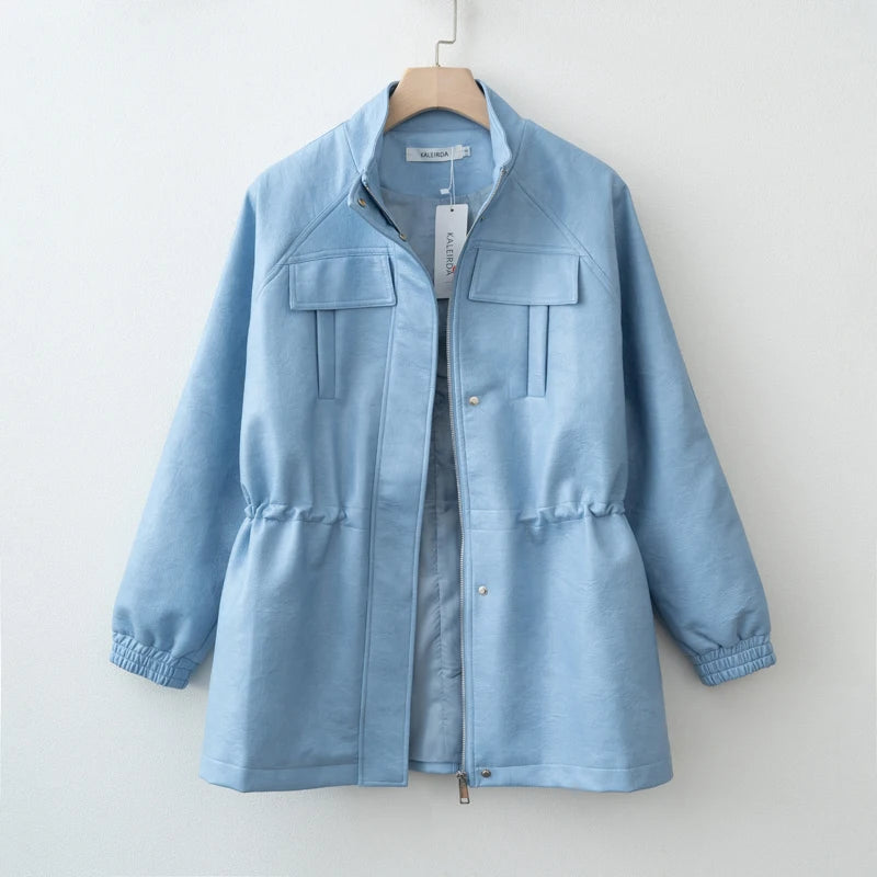 Women PU Leather Jacket With Elastic Waist Outerwear