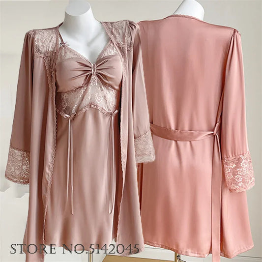 Temptation Lace Nightgown And Robe Set Satin Sleepwear
