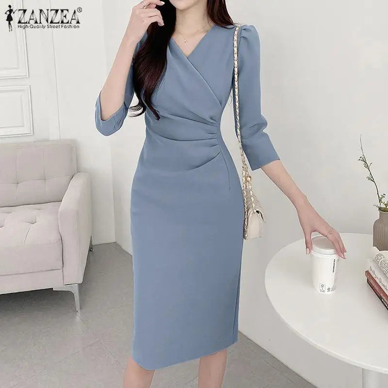 Elegant Knee Length V Neck Dress With Three Quarter Sleeves