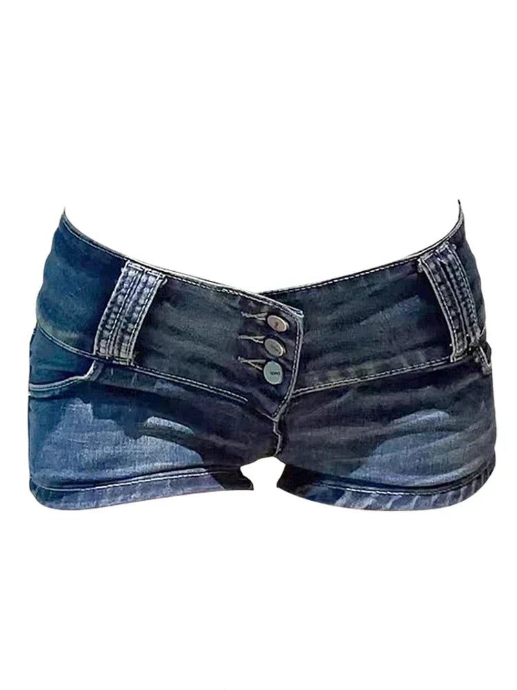 Women Y2K Summer Denim Mini Shorts Low Rise Button Vintage