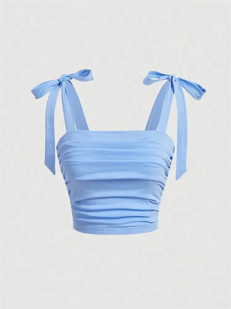 Solid Tie Shoulder Ruched Wide Strap Crop Top Pink Cami