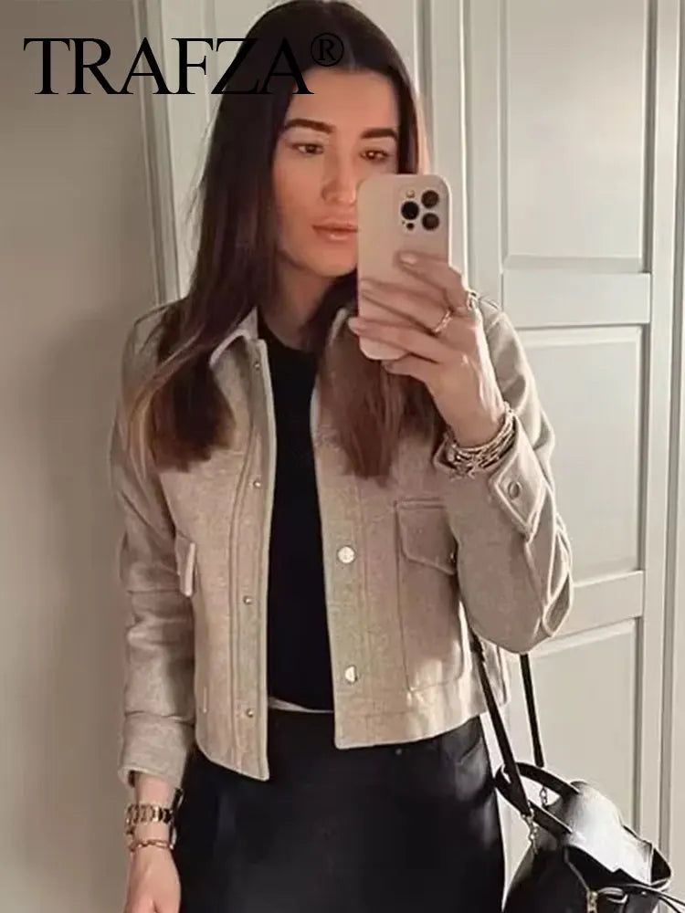 Trafza Womens Autumn Long Sleeve Jacket With Front Pockets