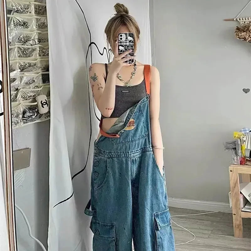 Cool Girl Embroidered Denim Strap Jumpsuit For Women Retro