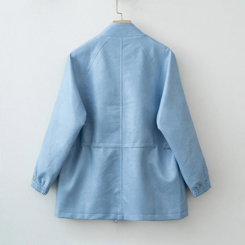 Women PU Leather Jacket With Elastic Waist Outerwear