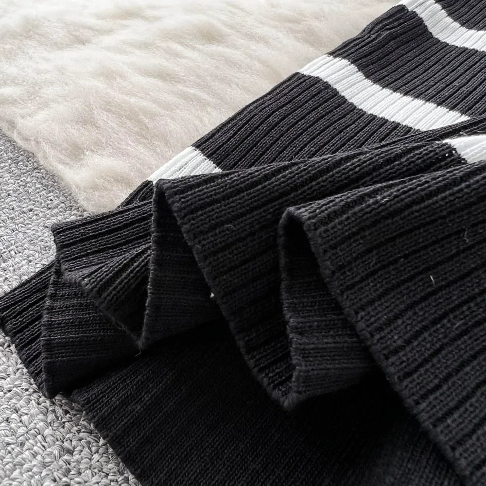 Korean Patchwork Striped Spaghetti Strap Dress Cardigan Set