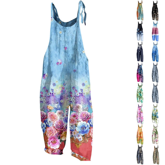Womens Jumpsuit Print Casual Vintage Cotton Linen Summer