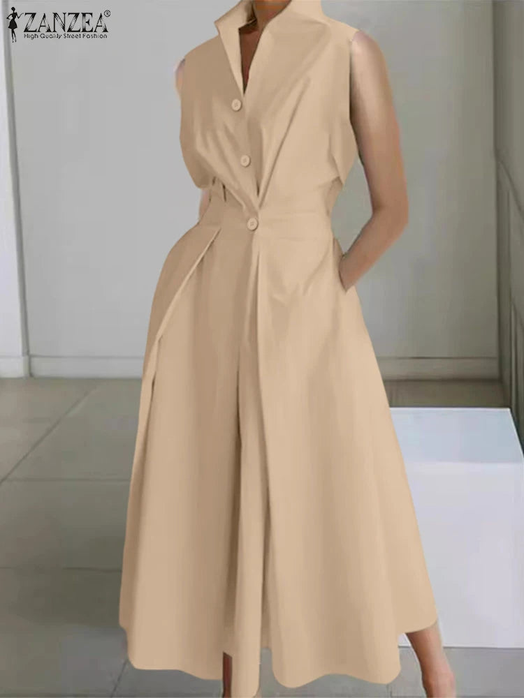 Elegant Summer Polyester Shirt Dress With High Waist Midi