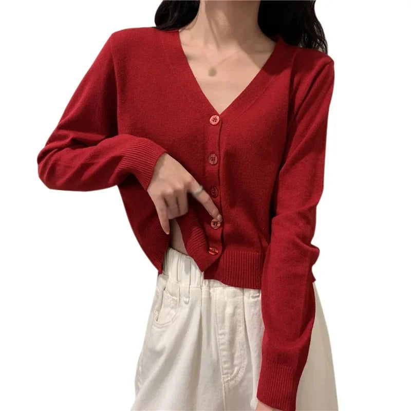 Women's Long Sleeve Cropped V Neck Cardigan Knit Sweater