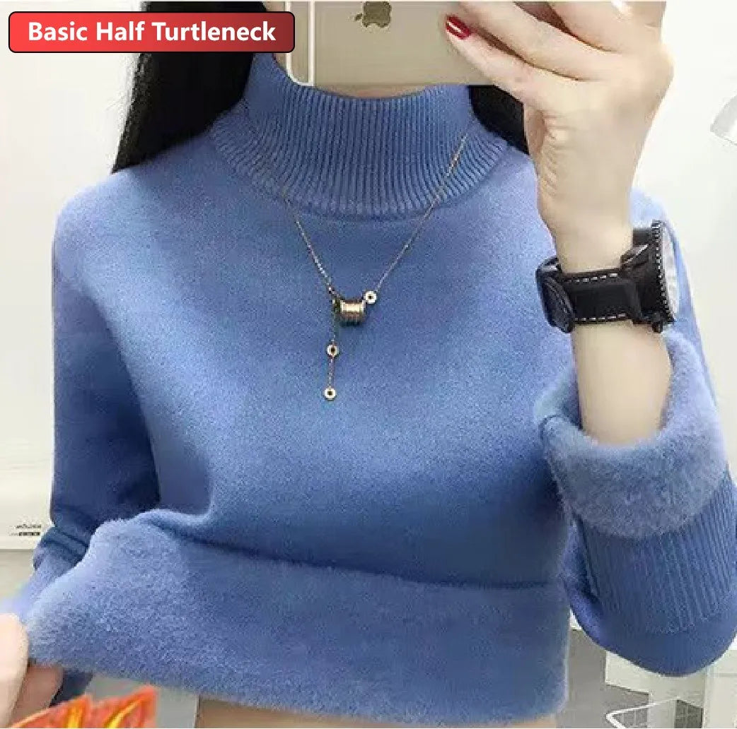 Women Turtleneck Velvet Lined Knit Sweater Thick Warm