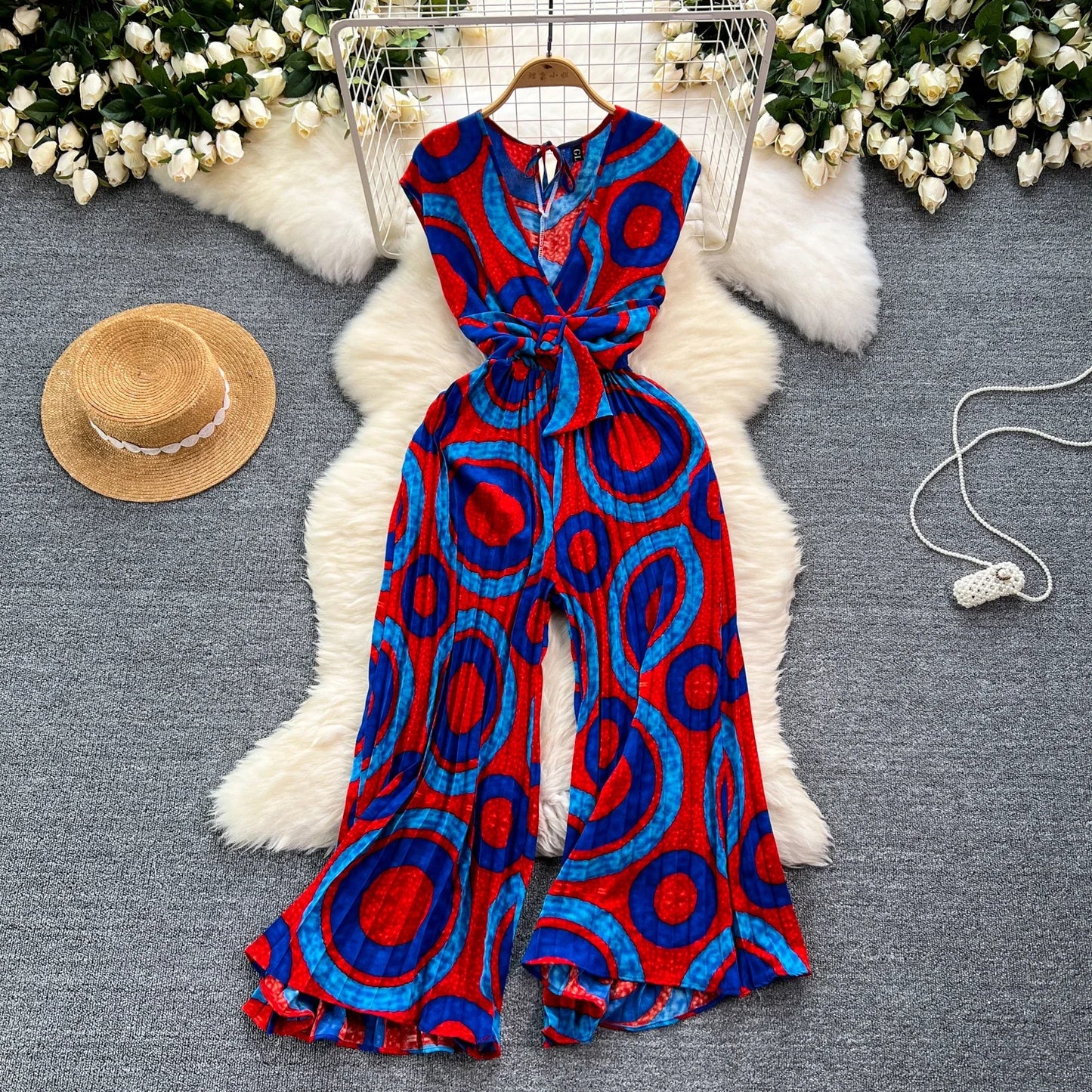 Summer Abstract Print Jumpsuit Wide Leg V Neck Women