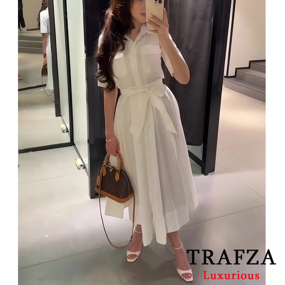 Long Red Summer Dress With Belt And Pockets For Spring