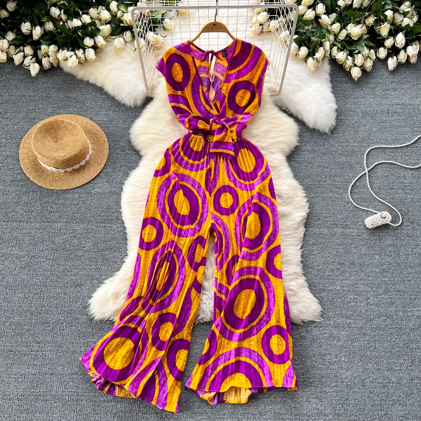 Summer Abstract Print Jumpsuit Wide Leg V Neck Women