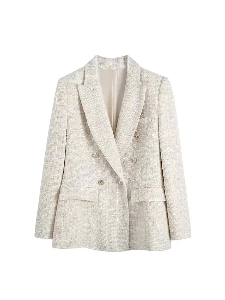 Tweed Double Breasted Blazer Coat Women Vintage Outerwear