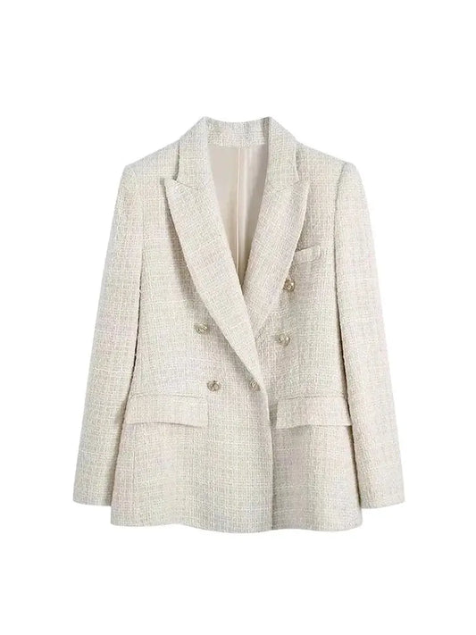 Tweed Double Breasted Blazer Coat Women Vintage Outerwear