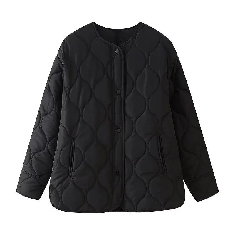 Mujer Black Quilted Padded Jacket Women Long Sleeve Coat