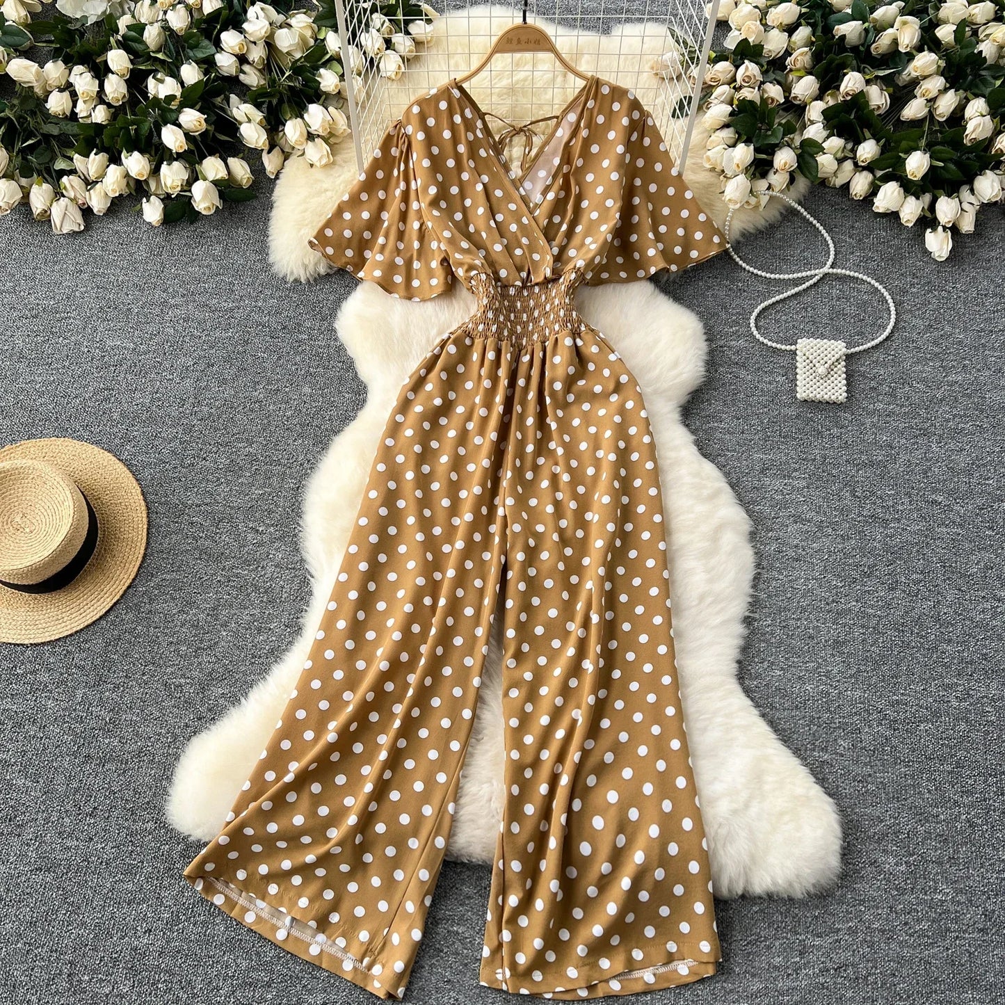 Polka Dot Women Romper V Neck High Waist Wide Leg Jumpsuit