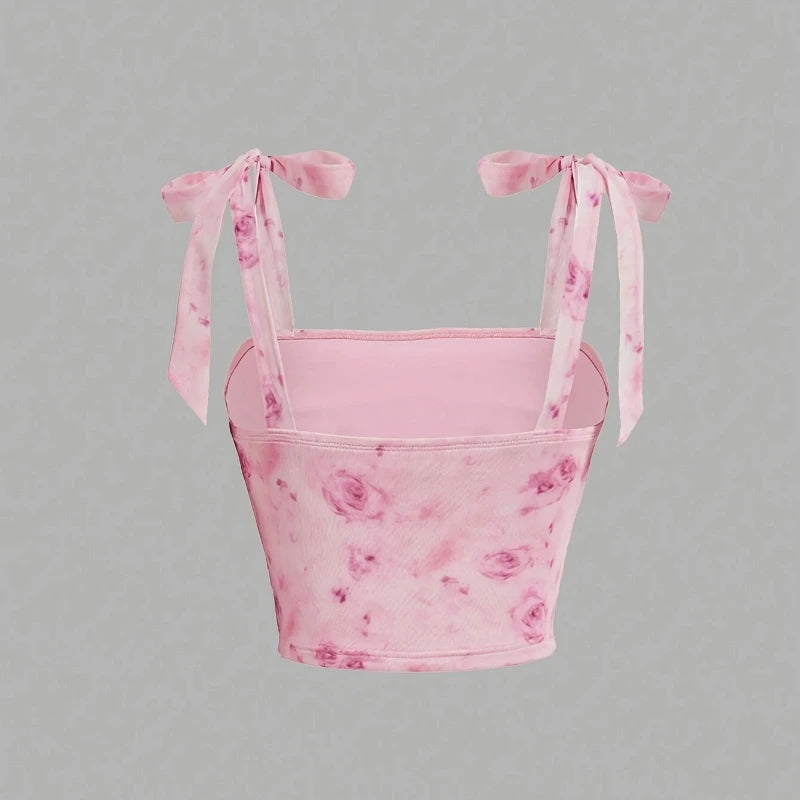 Solid Tie Shoulder Ruched Wide Strap Crop Top Pink Cami