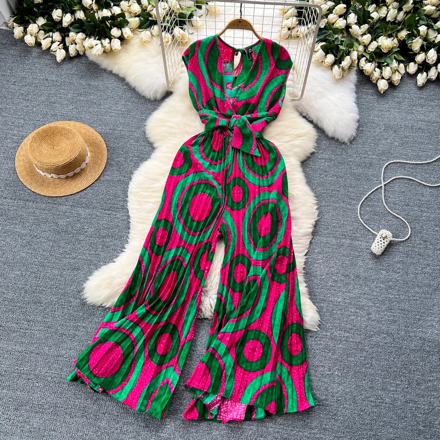 Summer Abstract Print Jumpsuit Wide Leg V Neck Women
