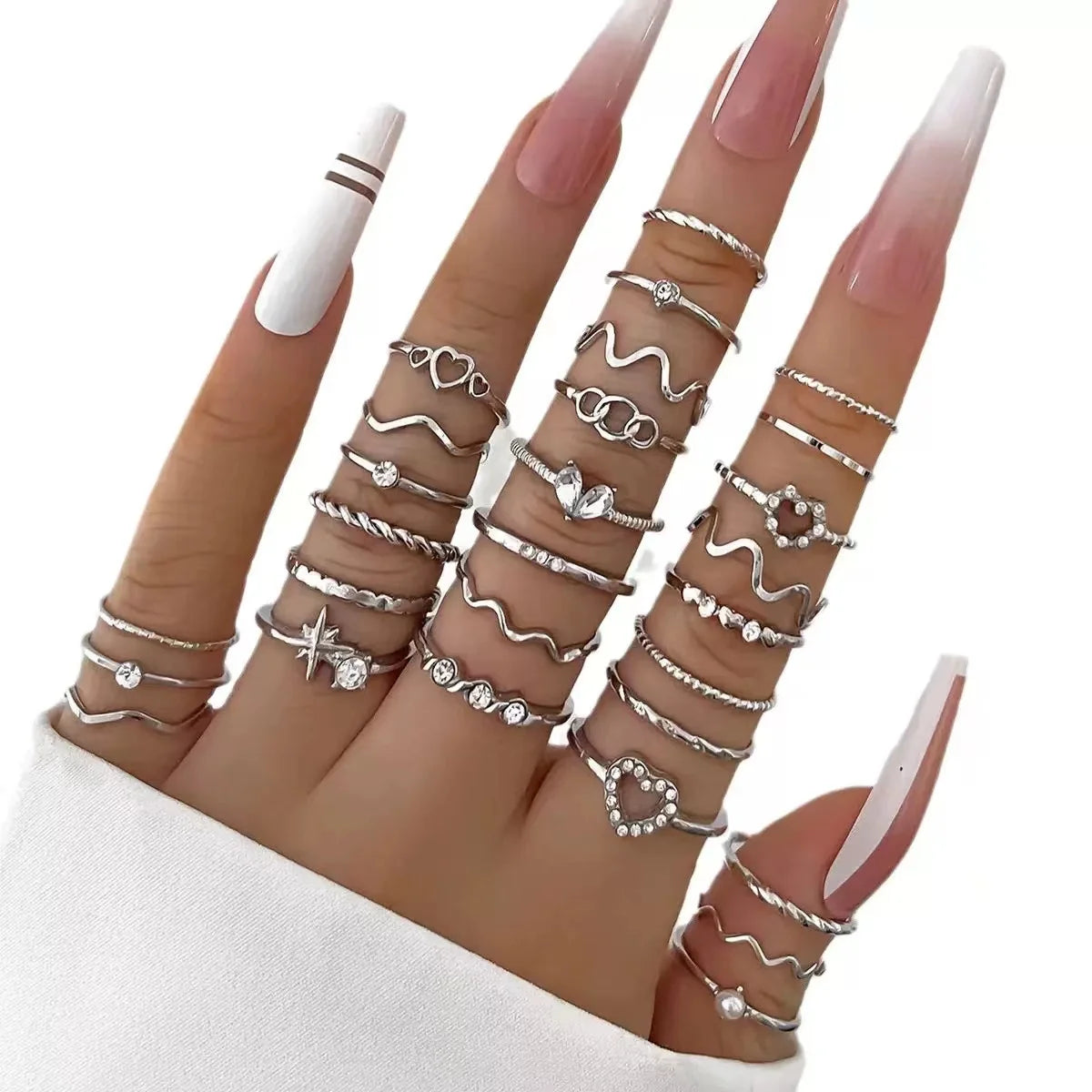 23Pcs Luxury Shiny Zircon Wave Ring Set for Daily Wear