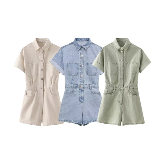 ZARF women's short slimming denim jumpsuit with pocket buckle decoration for spring and summer new casual women's wear